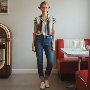 Rhapsody 70's/80's Womens Striped Short Sleeve Button Up Shirt Made in USA Small